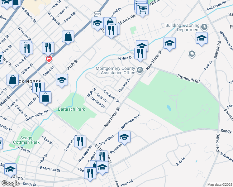 map of restaurants, bars, coffee shops, grocery stores, and more near 626 Calamia Drive in Norristown