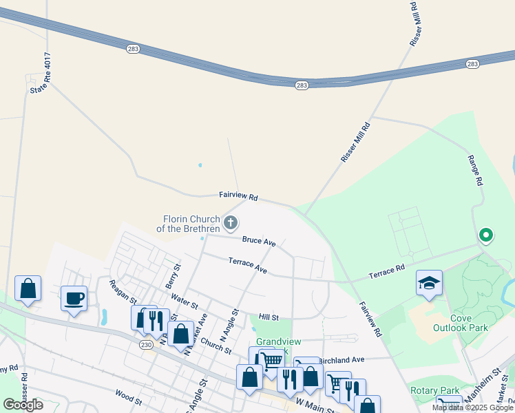 map of restaurants, bars, coffee shops, grocery stores, and more near 786 Fairview Road in Mount Joy