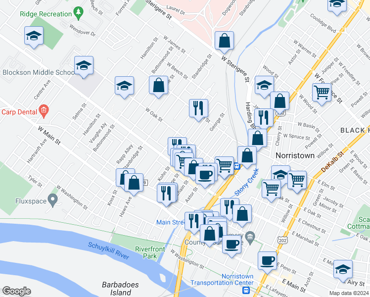 map of restaurants, bars, coffee shops, grocery stores, and more near 652 Kohn Street in Norristown