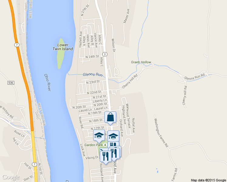 map of restaurants, bars, coffee shops, grocery stores, and more near 96 Cherry Hill Rd in Wheeling