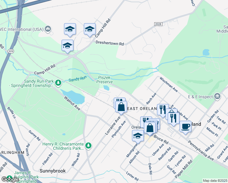 map of restaurants, bars, coffee shops, grocery stores, and more near 5 Hawkswell Circle in Oreland
