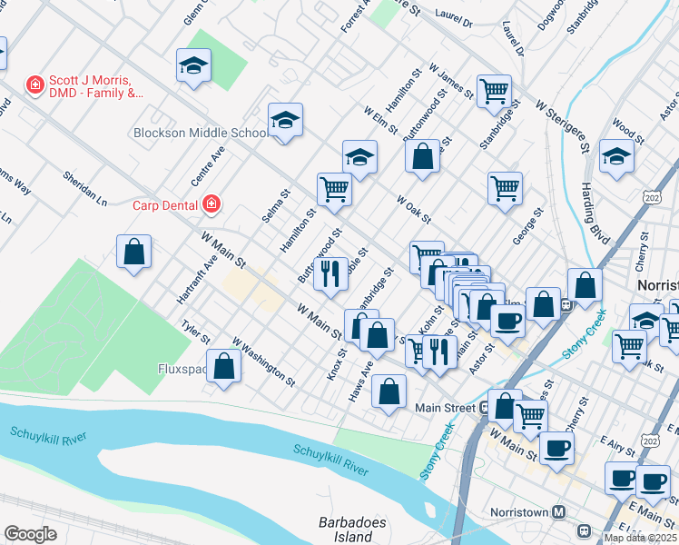 map of restaurants, bars, coffee shops, grocery stores, and more near 529 Noble Street in Norristown