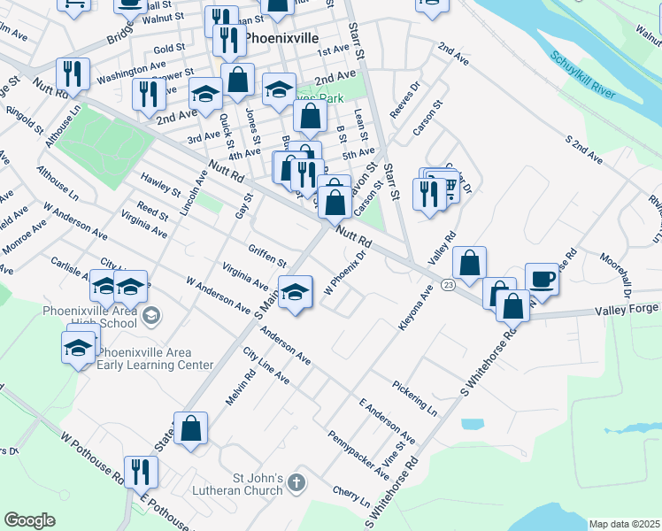 map of restaurants, bars, coffee shops, grocery stores, and more near 10 Dianna Drive in Phoenixville