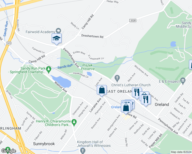 map of restaurants, bars, coffee shops, grocery stores, and more near 5 Hawkswell Circle in Oreland