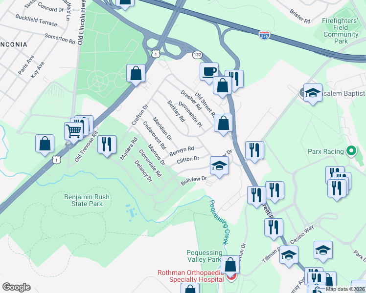 map of restaurants, bars, coffee shops, grocery stores, and more near 2806 Berwyn Road in Bensalem