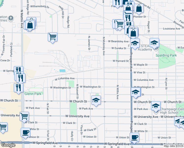 map of restaurants, bars, coffee shops, grocery stores, and more near 610 North James Street in Champaign