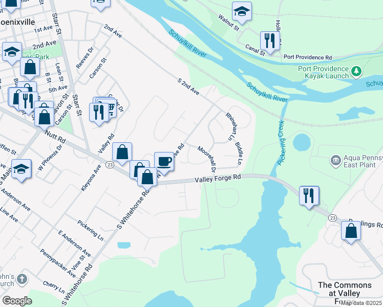 map of restaurants, bars, coffee shops, grocery stores, and more near 216 Meetinghouse Lane in Phoenixville