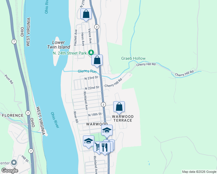 map of restaurants, bars, coffee shops, grocery stores, and more near 96 Cherry Hill Road in Wheeling