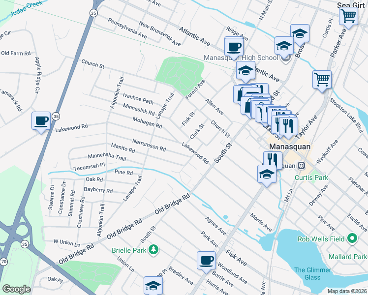map of restaurants, bars, coffee shops, grocery stores, and more near 55 Lakewood Road in Manasquan