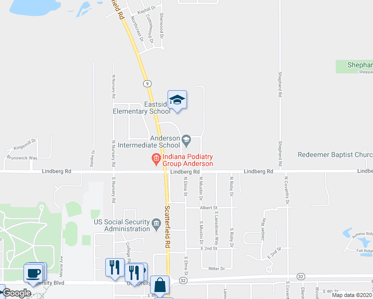 map of restaurants, bars, coffee shops, grocery stores, and more near 2300 Lindberg Road in Anderson