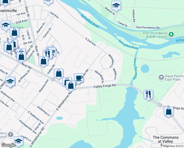 map of restaurants, bars, coffee shops, grocery stores, and more near 216 Meetinghouse Lane in Phoenixville