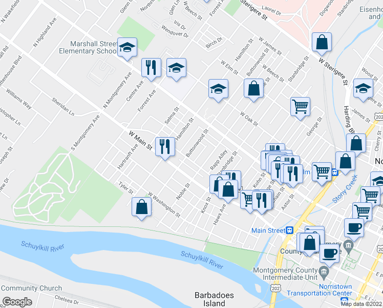 map of restaurants, bars, coffee shops, grocery stores, and more near 500 Buttonwood Street in Norristown