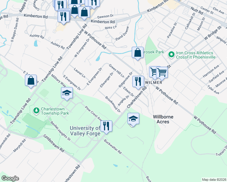 map of restaurants, bars, coffee shops, grocery stores, and more near 1340 Ridgeview Drive in Phoenixville
