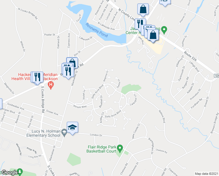map of restaurants, bars, coffee shops, grocery stores, and more near 602 Bromelia Court in Jackson Township
