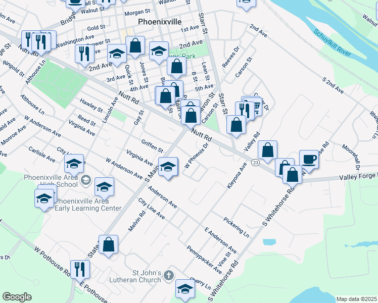 map of restaurants, bars, coffee shops, grocery stores, and more near 10 Dianna Drive in Phoenixville