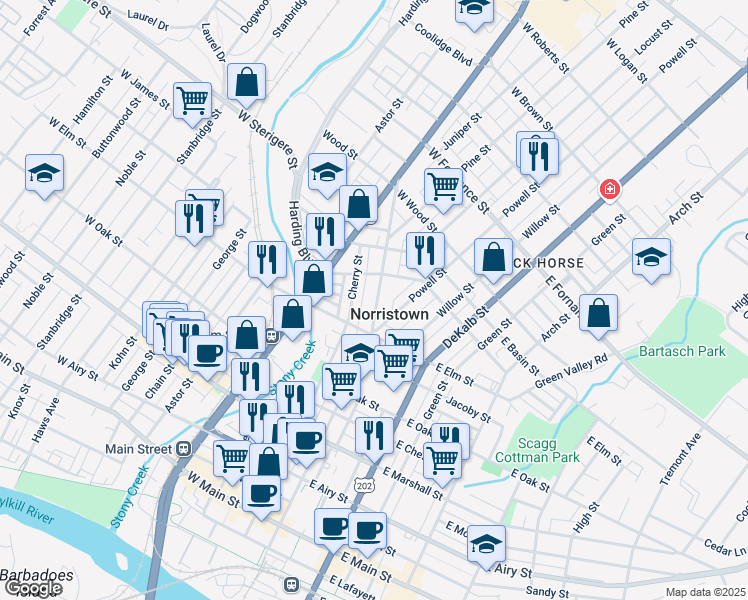 map of restaurants, bars, coffee shops, grocery stores, and more near 1035 Swede Street in Norristown