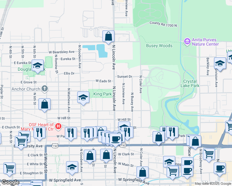 map of restaurants, bars, coffee shops, grocery stores, and more near 702 North Lincoln Avenue in Urbana