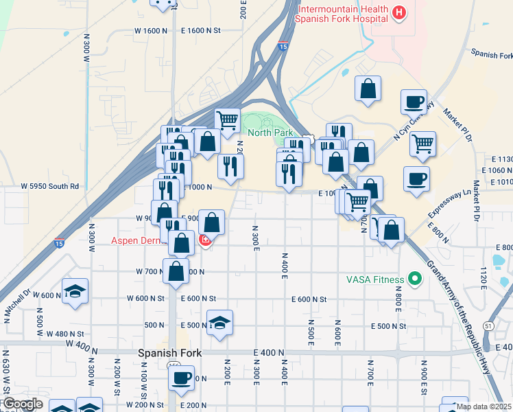 map of restaurants, bars, coffee shops, grocery stores, and more near 322 East 1000 North in Spanish Fork