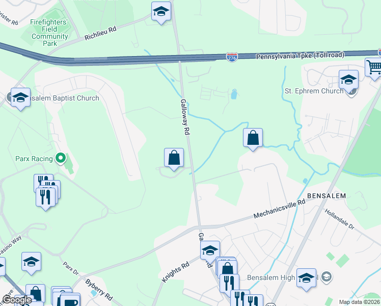 map of restaurants, bars, coffee shops, grocery stores, and more near 2715 Galloway Road in Bensalem