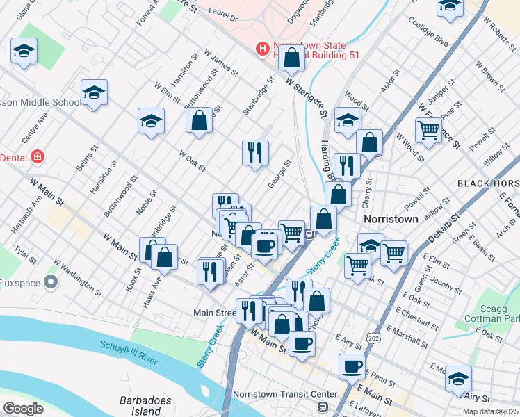 map of restaurants, bars, coffee shops, grocery stores, and more near 702 George Street in Norristown