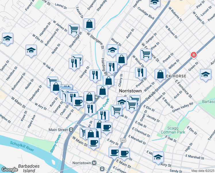 map of restaurants, bars, coffee shops, grocery stores, and more near 157 West Elm Street in Norristown