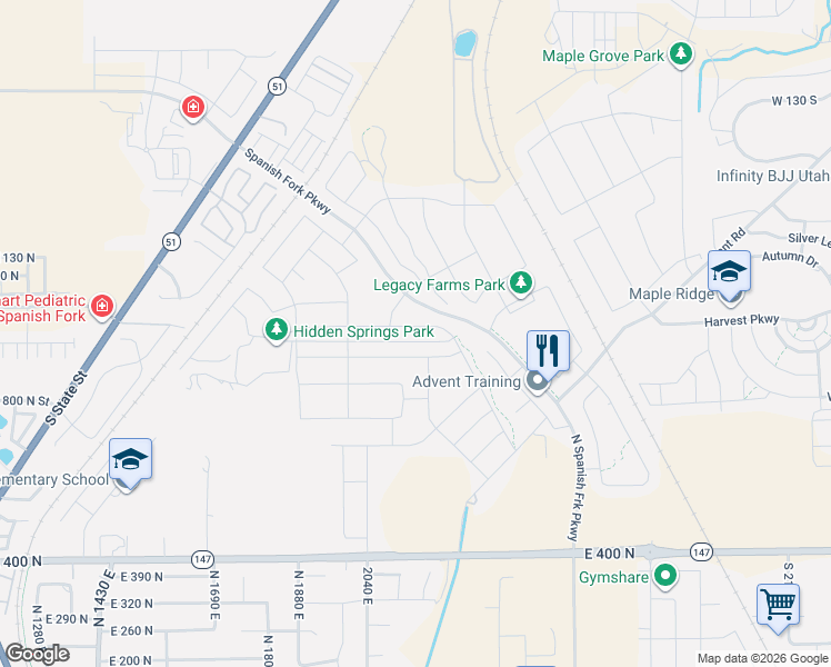 map of restaurants, bars, coffee shops, grocery stores, and more near 2148 East 970 North in Spanish Fork