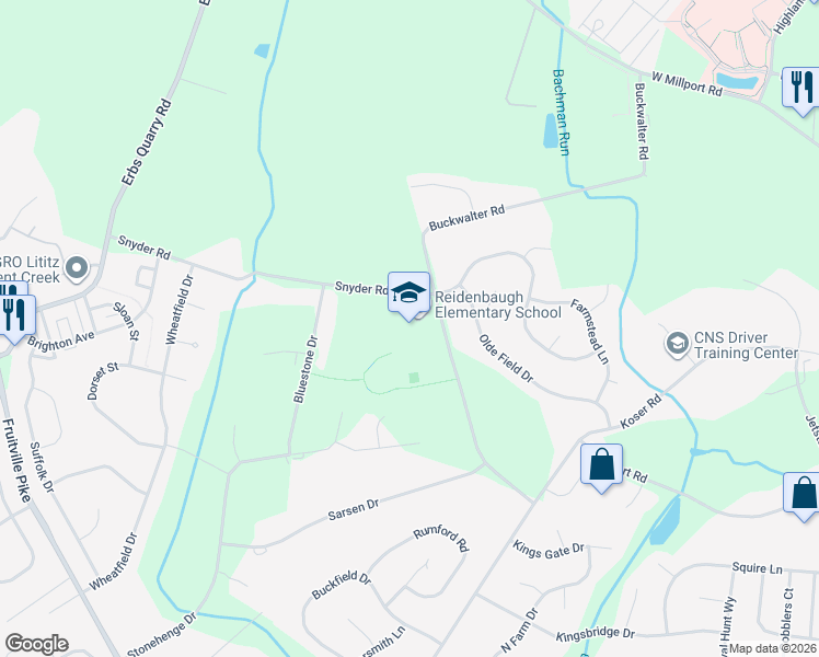 map of restaurants, bars, coffee shops, grocery stores, and more near 1001 Buckwalter Road in Lititz