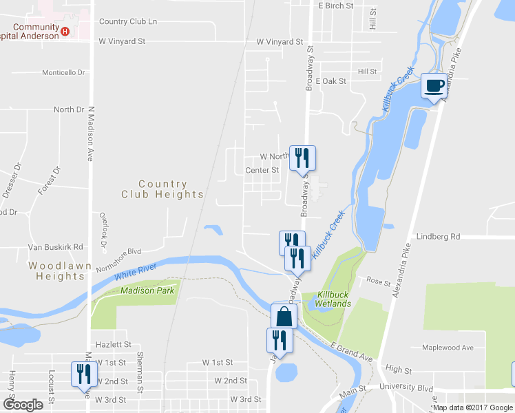 map of restaurants, bars, coffee shops, grocery stores, and more near 707 Lafayette Street in Anderson