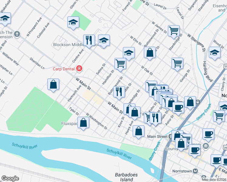 map of restaurants, bars, coffee shops, grocery stores, and more near 500 Buttonwood Street in Norristown