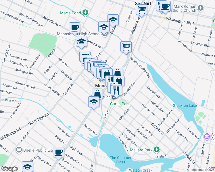 map of restaurants, bars, coffee shops, grocery stores, and more near 2 Taylor Avenue in Manasquan