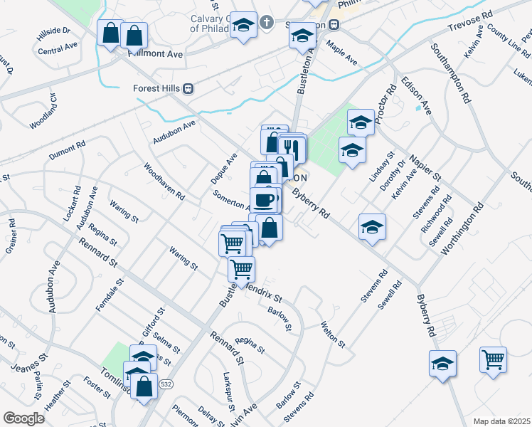 map of restaurants, bars, coffee shops, grocery stores, and more near 11900 Bustleton Avenue in Philadelphia