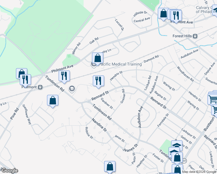 map of restaurants, bars, coffee shops, grocery stores, and more near 11100 Hendrix Street in Philadelphia