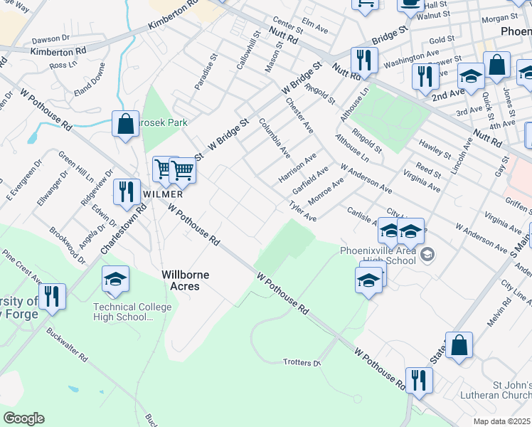 map of restaurants, bars, coffee shops, grocery stores, and more near 526 Parkview Drive in Phoenixville