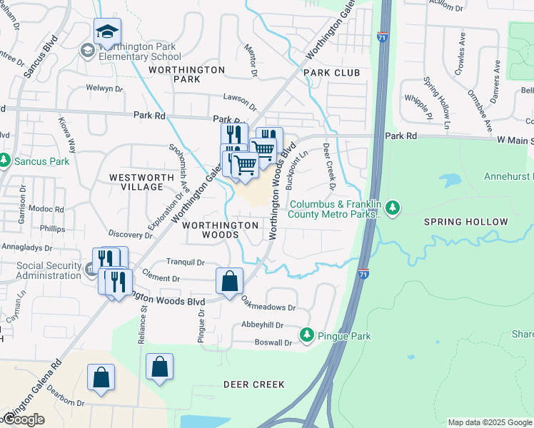 map of restaurants, bars, coffee shops, grocery stores, and more near 7546 Deercreek Drive in Worthington