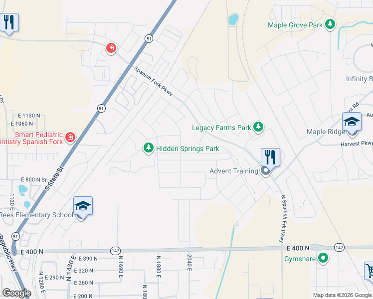 map of restaurants, bars, coffee shops, grocery stores, and more near 2022 East 970 North in Spanish Fork