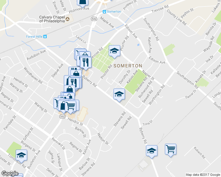 map of restaurants, bars, coffee shops, grocery stores, and more near 13009 Lindsay Street in Philadelphia