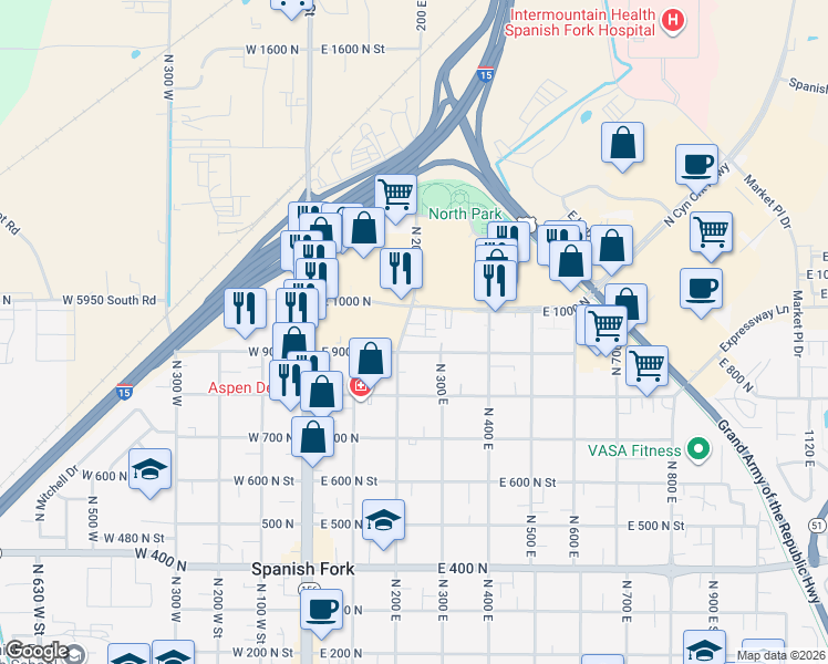 map of restaurants, bars, coffee shops, grocery stores, and more near 942 North 200 East in Spanish Fork
