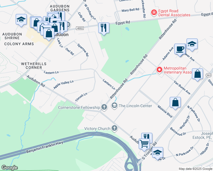 map of restaurants, bars, coffee shops, grocery stores, and more near 2706 Lantern Lane in Eagleville