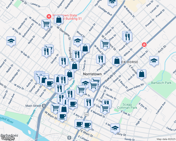 map of restaurants, bars, coffee shops, grocery stores, and more near 1035 Swede Street in Norristown