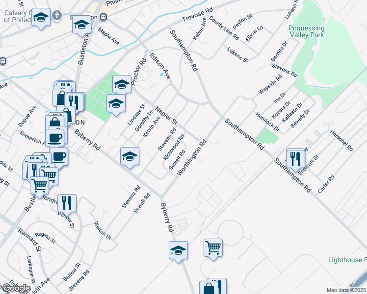 map of restaurants, bars, coffee shops, grocery stores, and more near 13044 Sewell Road in Philadelphia
