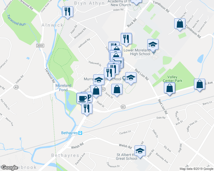 map of restaurants, bars, coffee shops, grocery stores, and more near 2427 Huntingdon Pike in Montgomery County