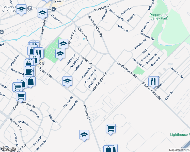 map of restaurants, bars, coffee shops, grocery stores, and more near 13044 Sewell Road in Philadelphia