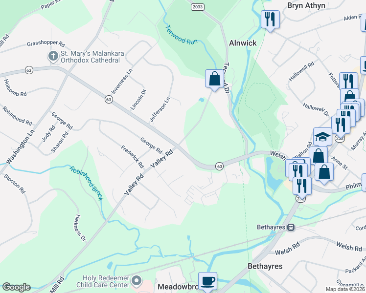 map of restaurants, bars, coffee shops, grocery stores, and more near 2131 Valley Road in Montgomery County