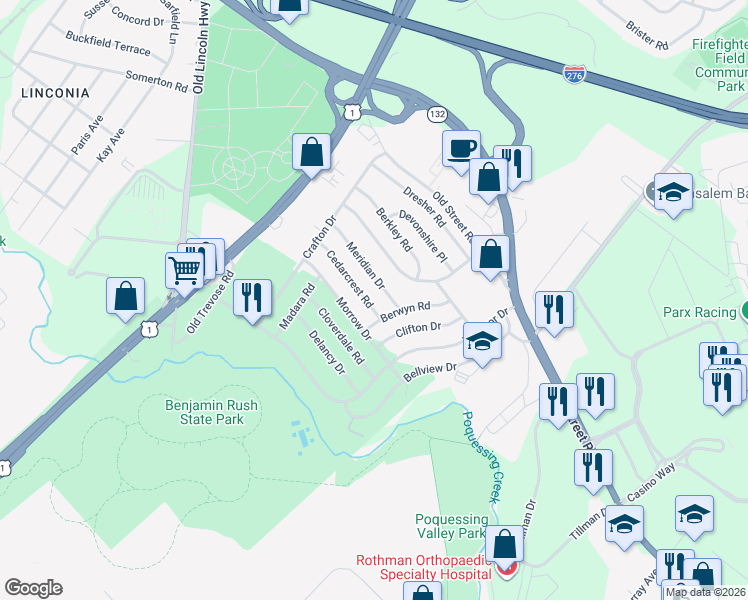 map of restaurants, bars, coffee shops, grocery stores, and more near 3631 Cedarcrest Road in Bensalem