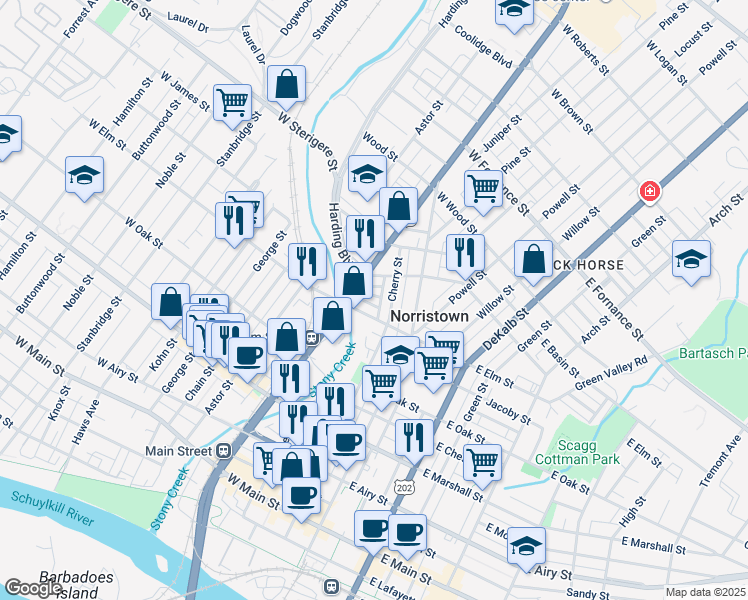 map of restaurants, bars, coffee shops, grocery stores, and more near 120 Wayne Avenue in Norristown