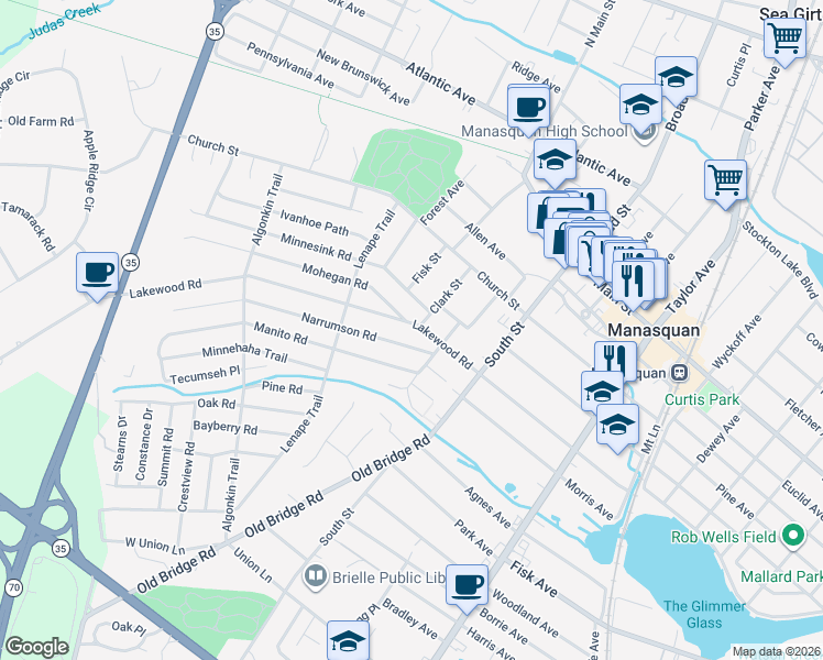 map of restaurants, bars, coffee shops, grocery stores, and more near 55 Lakewood Road in Manasquan