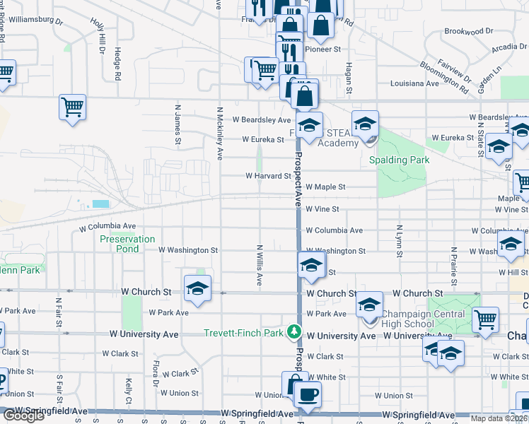 map of restaurants, bars, coffee shops, grocery stores, and more near 610 North Willis Avenue in Champaign