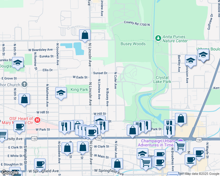 map of restaurants, bars, coffee shops, grocery stores, and more near 1102 North Busey Avenue in Urbana