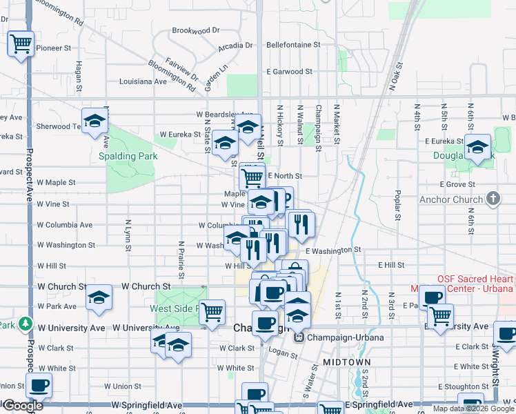 map of restaurants, bars, coffee shops, grocery stores, and more near 101 West Vine Street in Champaign