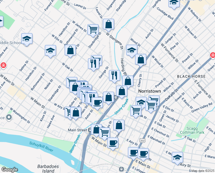 map of restaurants, bars, coffee shops, grocery stores, and more near 741 Astor Street in Norristown